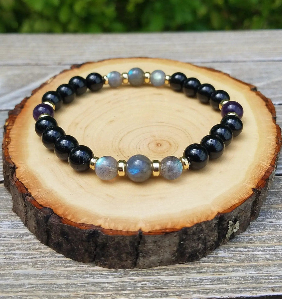 Protection Bracelet | Labradorite, Black Tourmaline & Amethyst Beaded Jewelry by Brahmatells