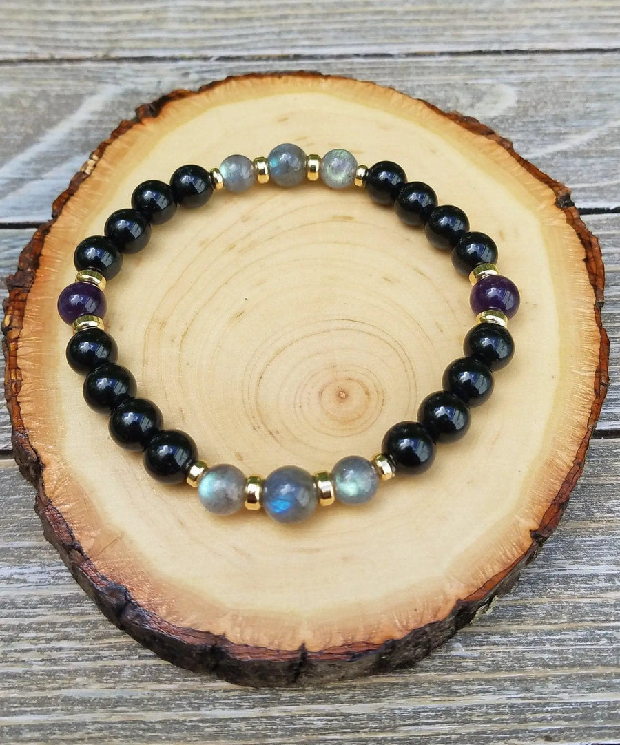 Protection Bracelet | Labradorite, Black Tourmaline & Amethyst Beaded Jewelry by Brahmatells