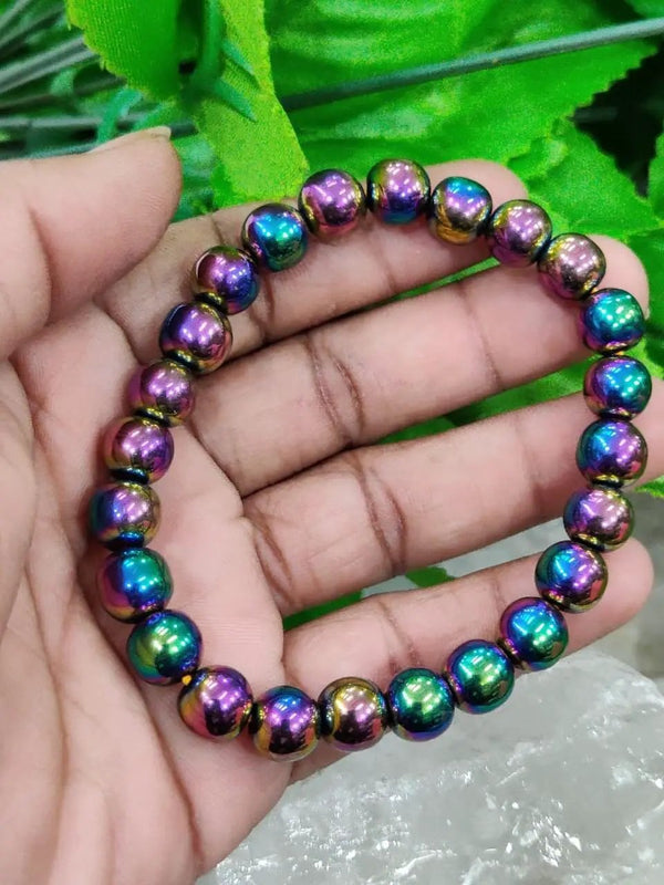 Rainbow Titanium Quartz Bracelet – 8mm Crystal Beads by Brahmatells