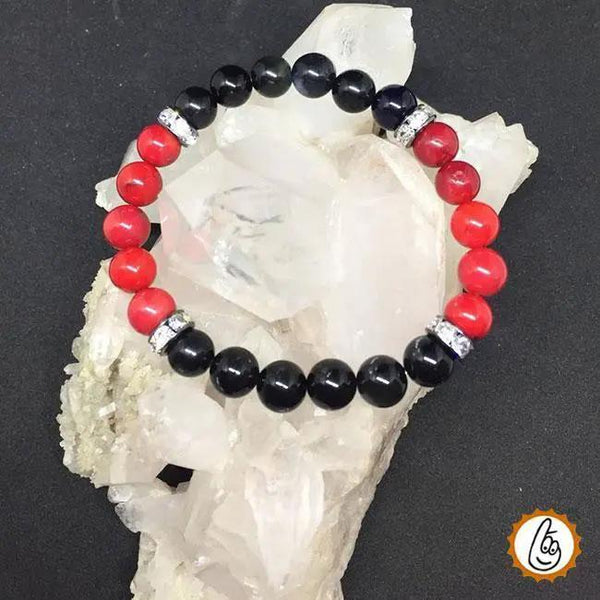 Red Coral with Black Obsidian Bracelet | Buddha Head Beads by Brahmatells