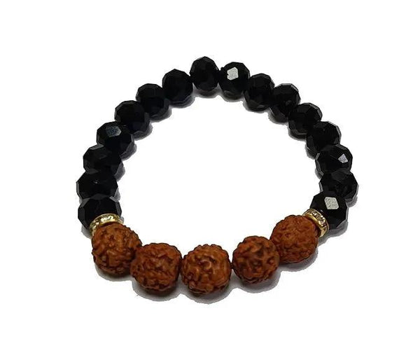 Rudraksha & Black Obsidian Diamond Cut Bracelet - 8mm Beads by Brahmatells
