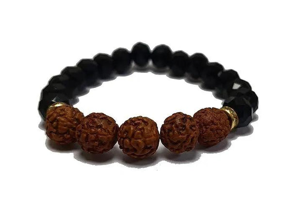 Rudraksha & Black Obsidian Diamond Cut Bracelet - 8mm Beads by Brahmatells