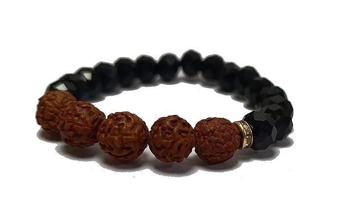 Rudraksha & Black Obsidian Diamond Cut Bracelet - 8mm Beads by Brahmatells