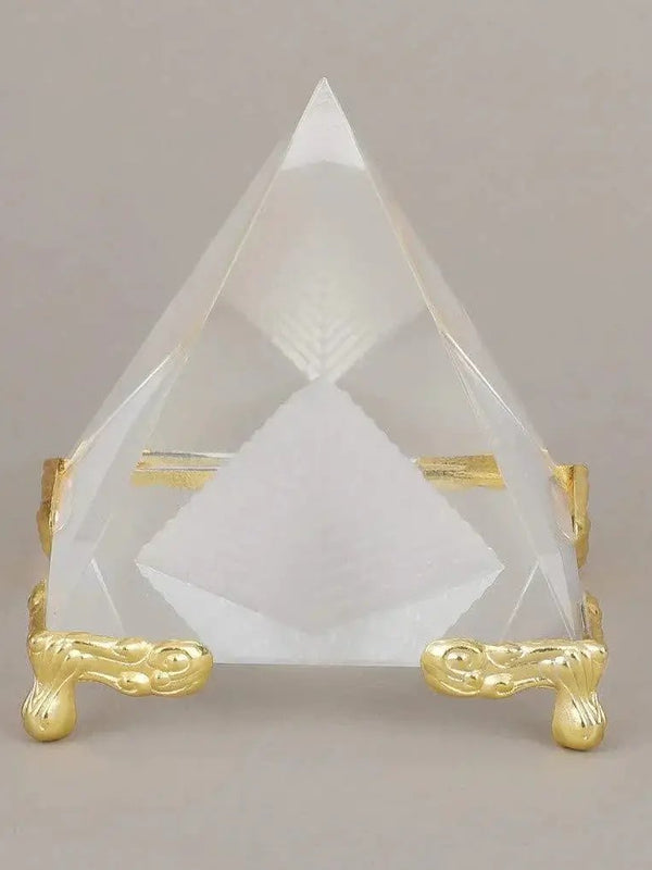 Shubharambh Crystal Glass Pyramid on Golden Stand for Positive Energy, Good Luck . by Brahmatells