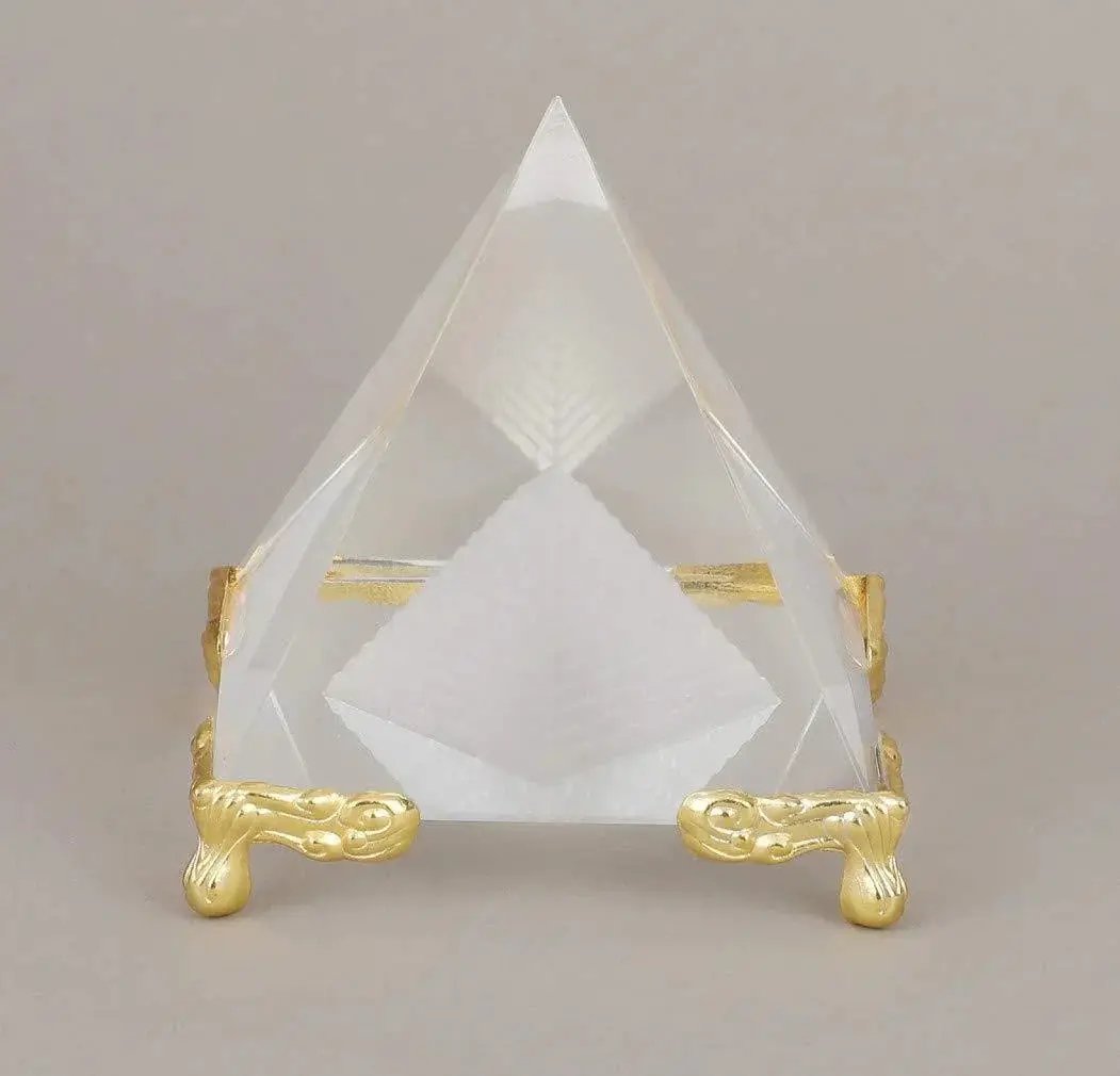 Shubharambh Crystal Glass Pyramid on Golden Stand for Positive Energy, Good Luck . by Brahmatells