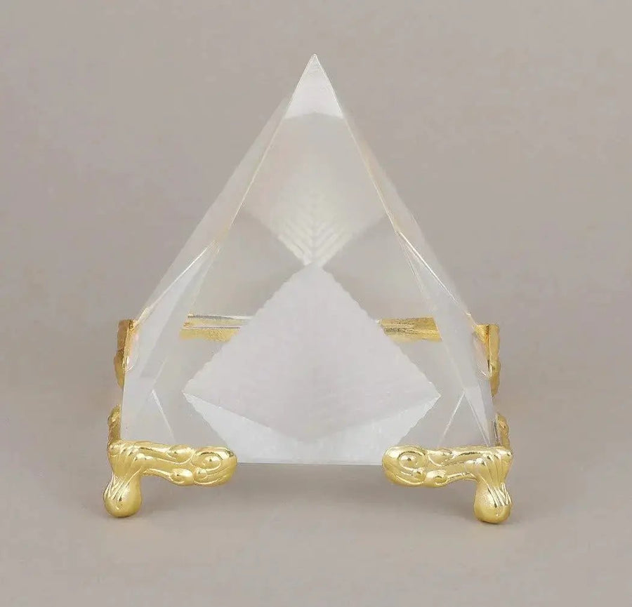 Shubharambh Crystal Glass Pyramid on Golden Stand for Positive Energy, Good Luck . by Brahmatells