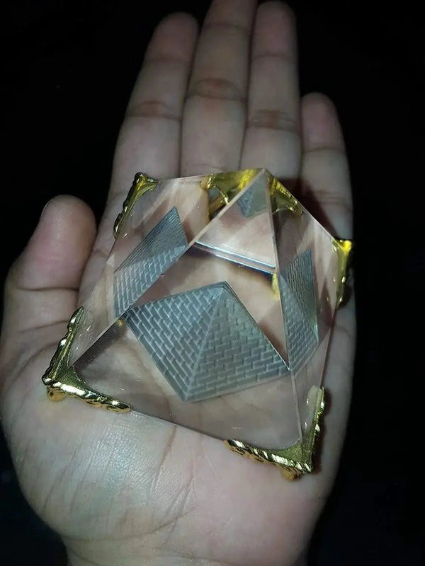 Shubharambh Crystal Glass Pyramid on Golden Stand for Positive Energy, Good Luck . by Brahmatells