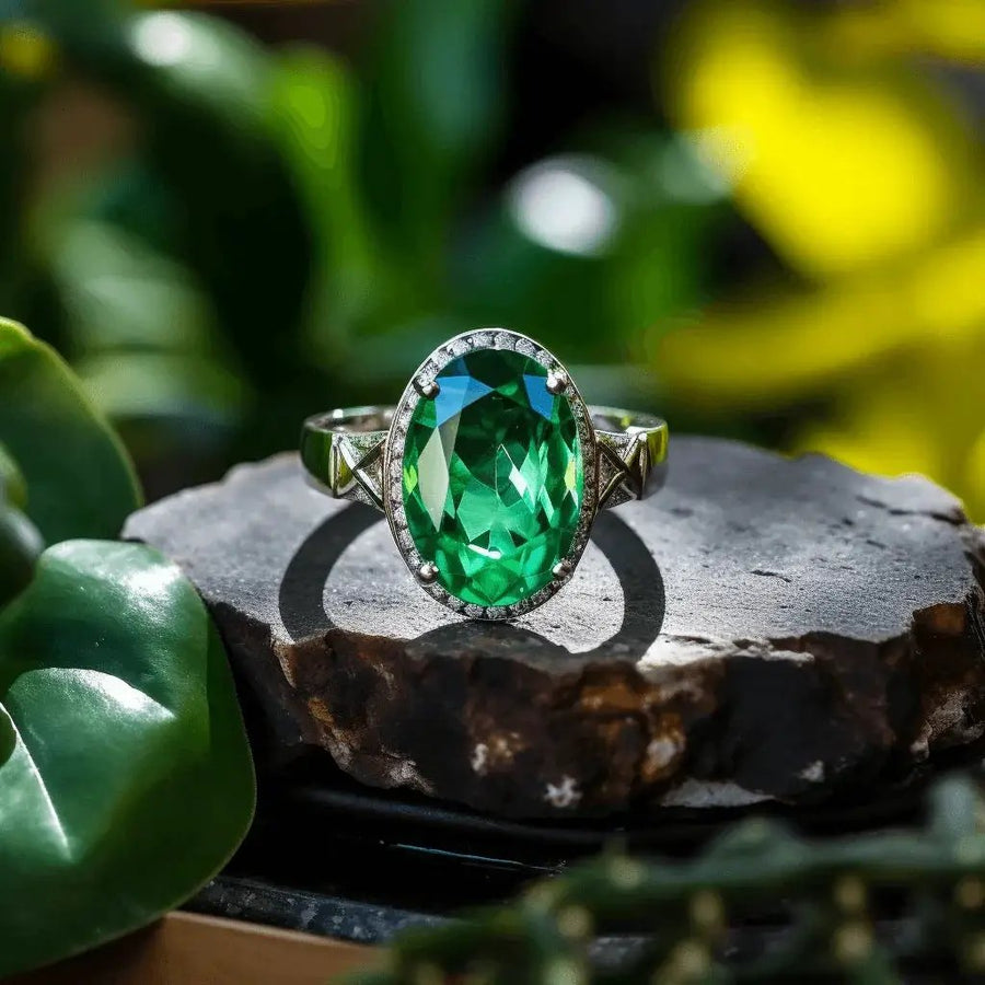 Silver Emerald Oval-Yellowish-Green Ring - Panna | Brahmatells Astro Collection by Brahmatells