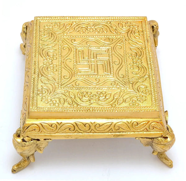Two Moustaches Brass Elephant Pillar Swastika Pooja Chowki, Standard by Brahmatells