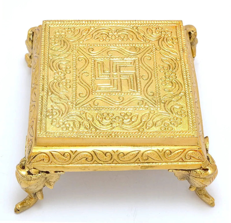 Two Moustaches Brass Elephant Pillar Swastika Pooja Chowki, Standard by Brahmatells