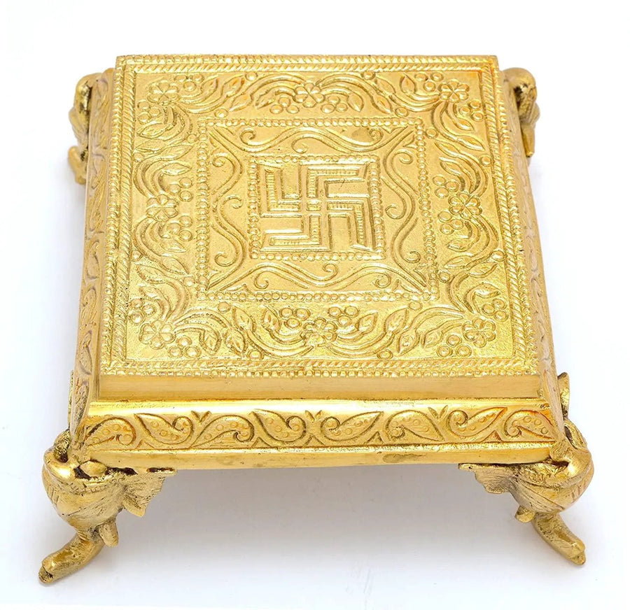 Two Moustaches Brass Elephant Pillar Swastika Pooja Chowki, Standard by Brahmatells