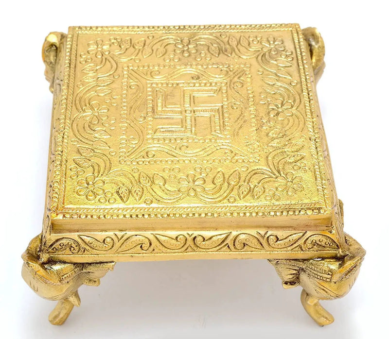 Two Moustaches Brass Elephant Pillar Swastika Pooja Chowki, Standard by Brahmatells
