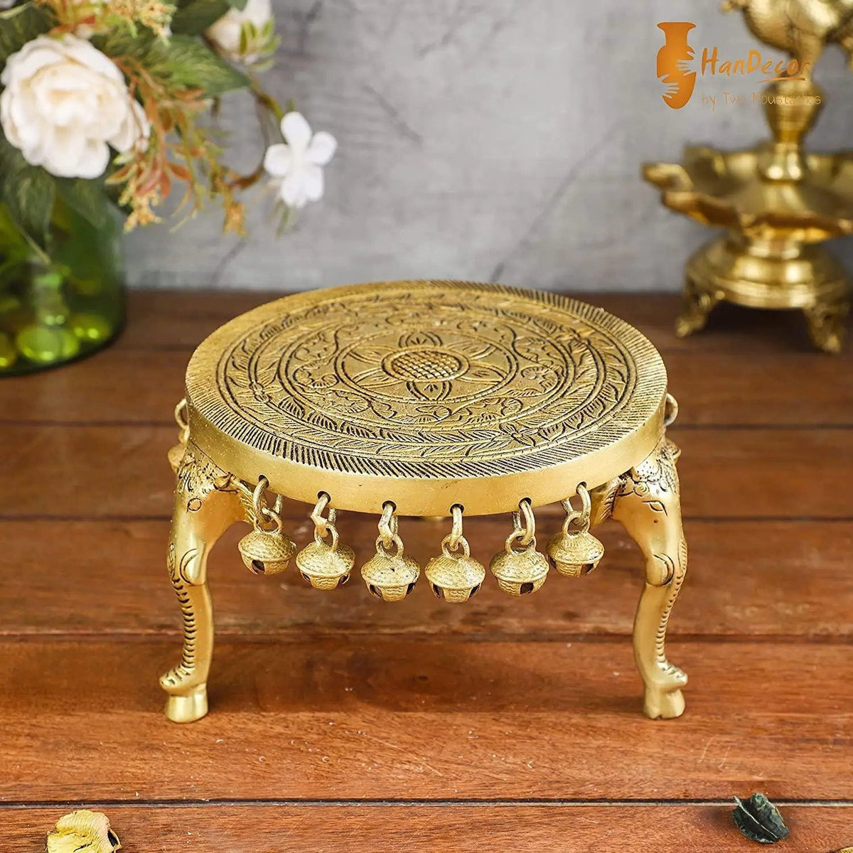 Two Moustaches Elephant Pillar Design Handcrafted Brass Pooja Chowki with Bells, Antique Yellow by Brahmatells