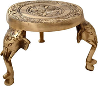 Two Moustaches Elephant Pillars Design Brass Pooja Chowki, Standard, Brown by Brahmatells